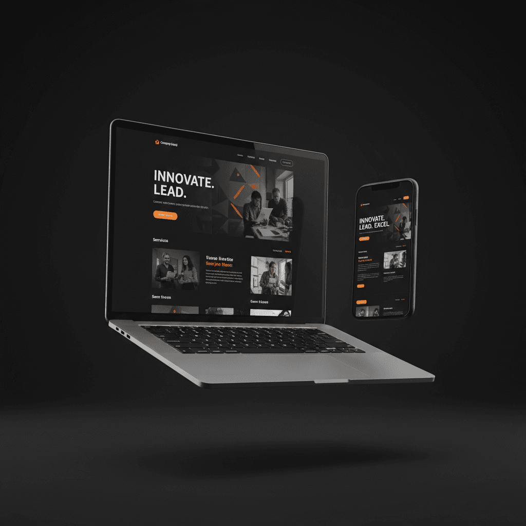 Mockup website company profile profesional di laptop dan smartphone